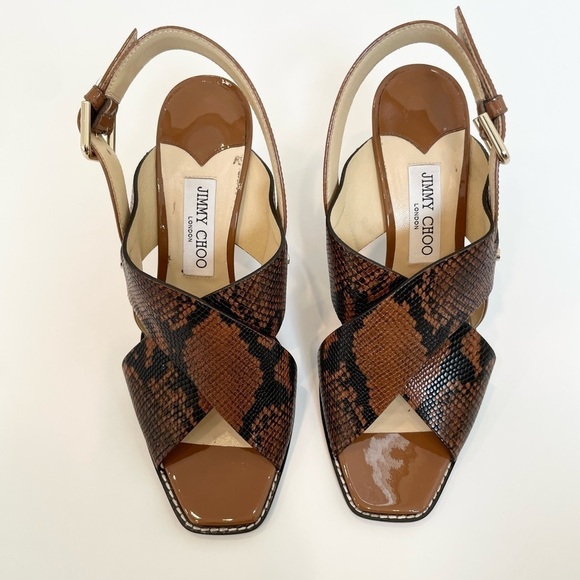 Jimmy Choo Aix 85 Snake Printed Brown Patent leather block heel sandals EU 40 - Picture 2 of 9